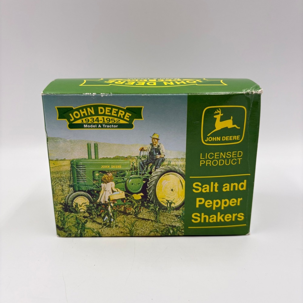 John Deere Salt and Pepper Shakers Model A Tractor 1934-1952 Green Tin NIB